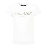 Balmain T-Shirt Girocollo Tinta Unita con Logo per Bambina BW8A91X BIANCO BALMAIN 