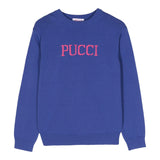 Emilio Pucci Einfarbiger Rundhalspullover mit blauem Logo-Print für Mädchen