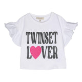 Twinset Einfarbiges T-Shirt mit Rundhalsausschnitt, Rüschen und weißem Aufdruck für Mädchen