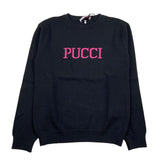 Emilio Pucci Einfarbiger Rundhalspullover mit schwarzem Logo-Print für Mädchen
