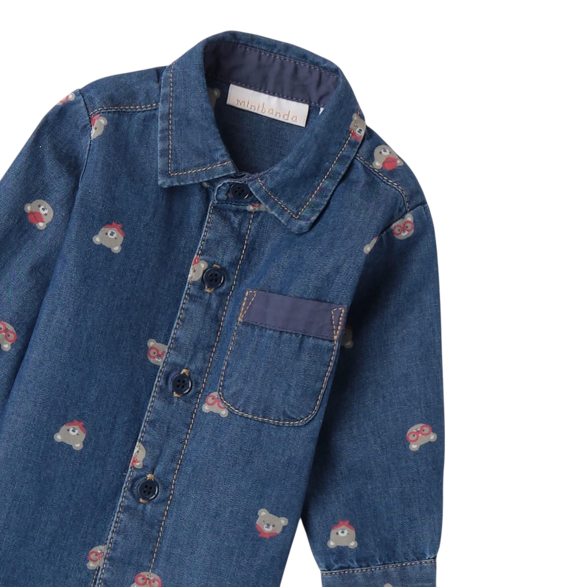 Mini Banda Camicia Manica Lunga tinta unita con Stampa Orsi Blu per Neonato 3B659X BLU MINI BANDA 